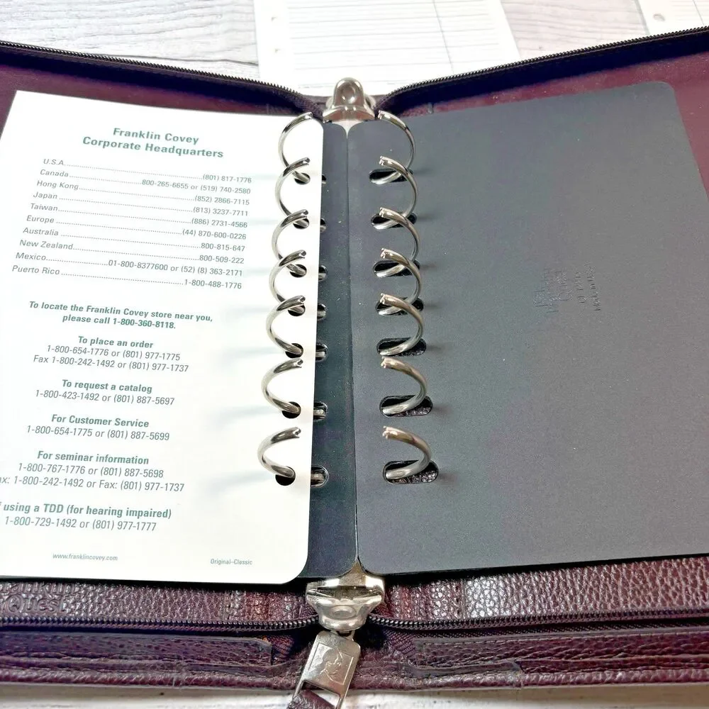 Vintage Franklin Covey Quest Brown Top Grain Leather 7 Ring Zip Planner USA